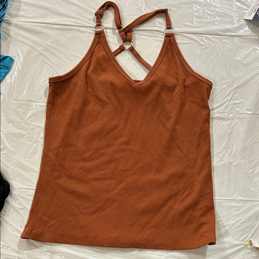Rust Brown Ribbed V-Neck Tank Top with Strappy Back